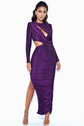 Sparkly Ruched Cutout Split Maxi Dress